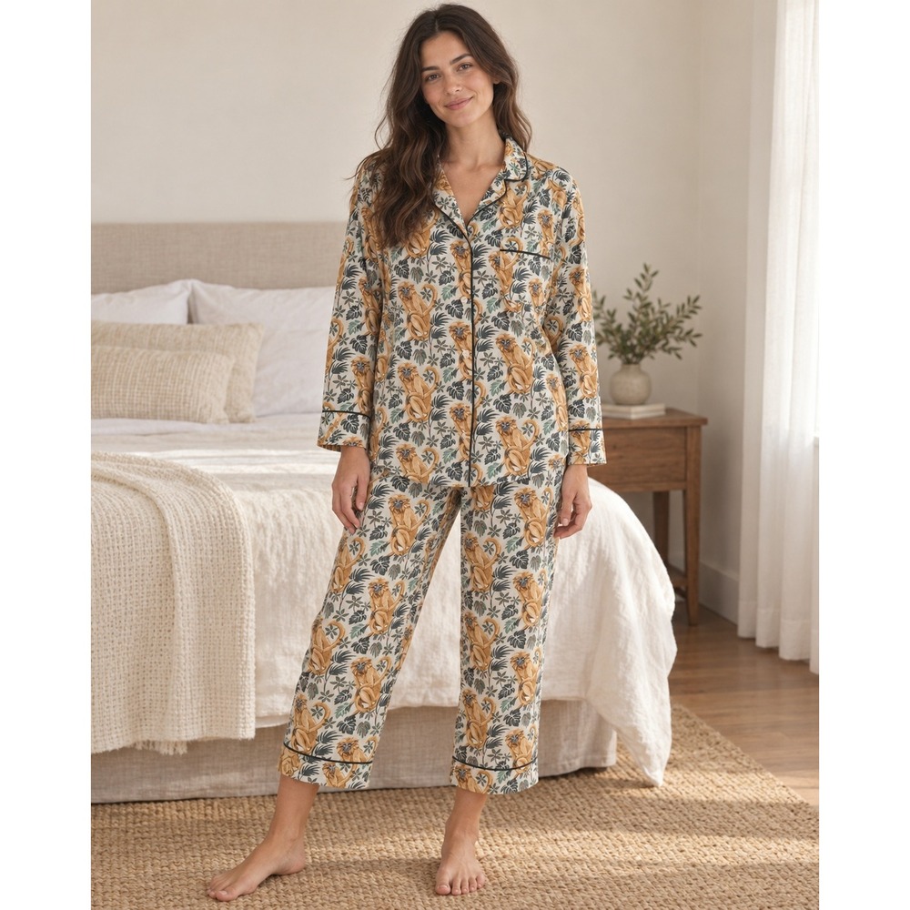 Printfresh Pajama Set Small Cream Monkey Tropical Cotton Sleepwear Loungewear